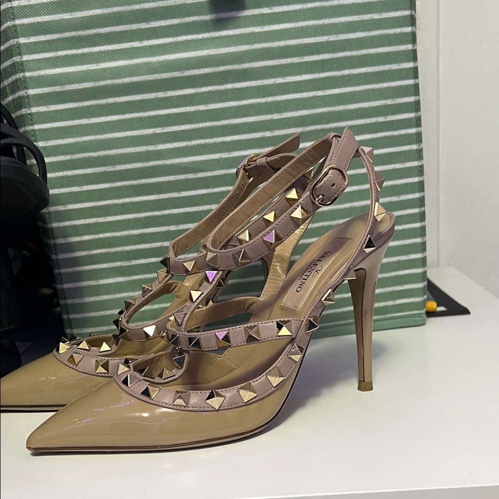 Valentino Nude Patent Leather, Studded Slingback Heels.